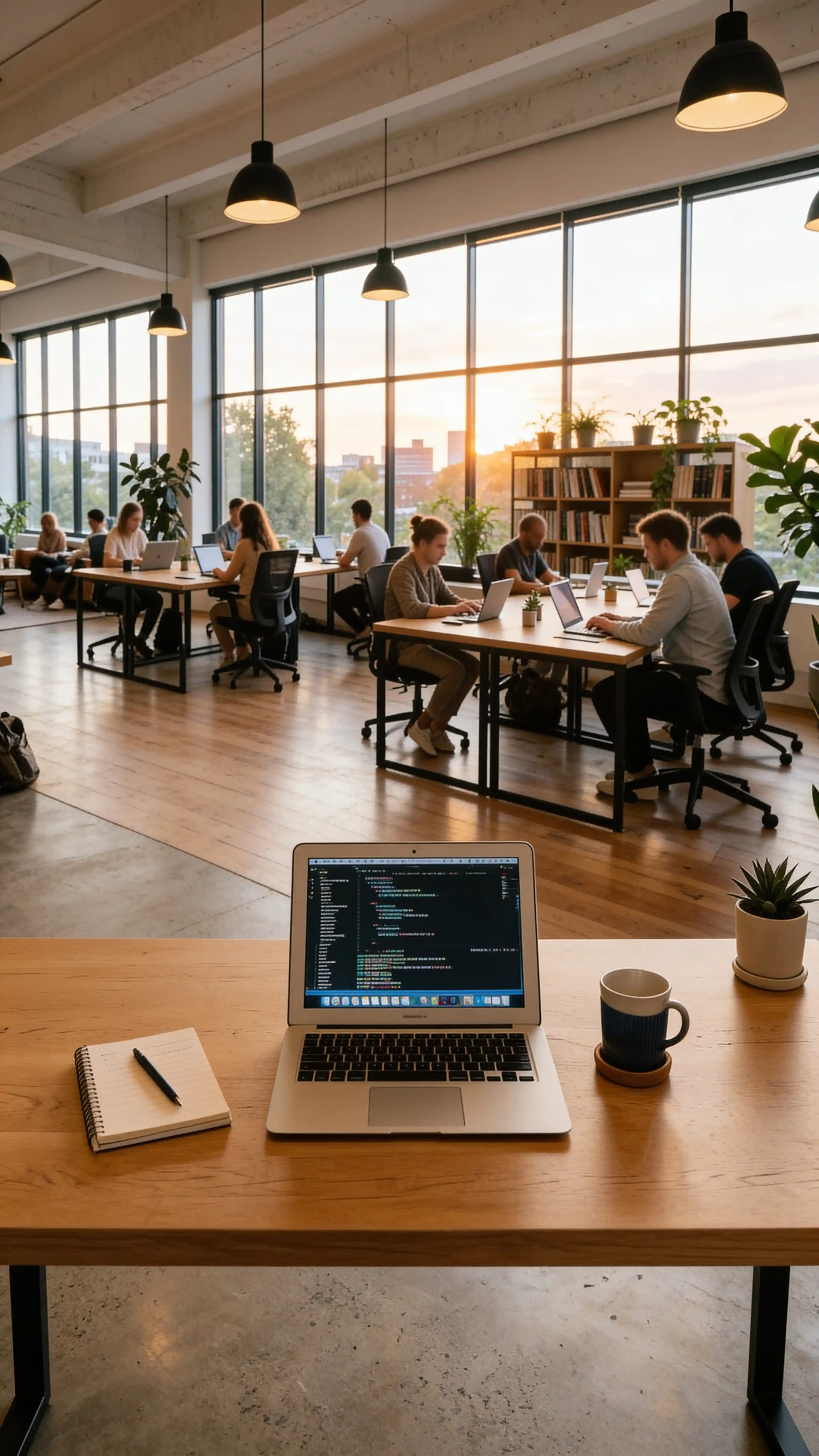 Modern co-working space with golden afternoon light and blurred workers, Nano Banana 2 LinkedIn image