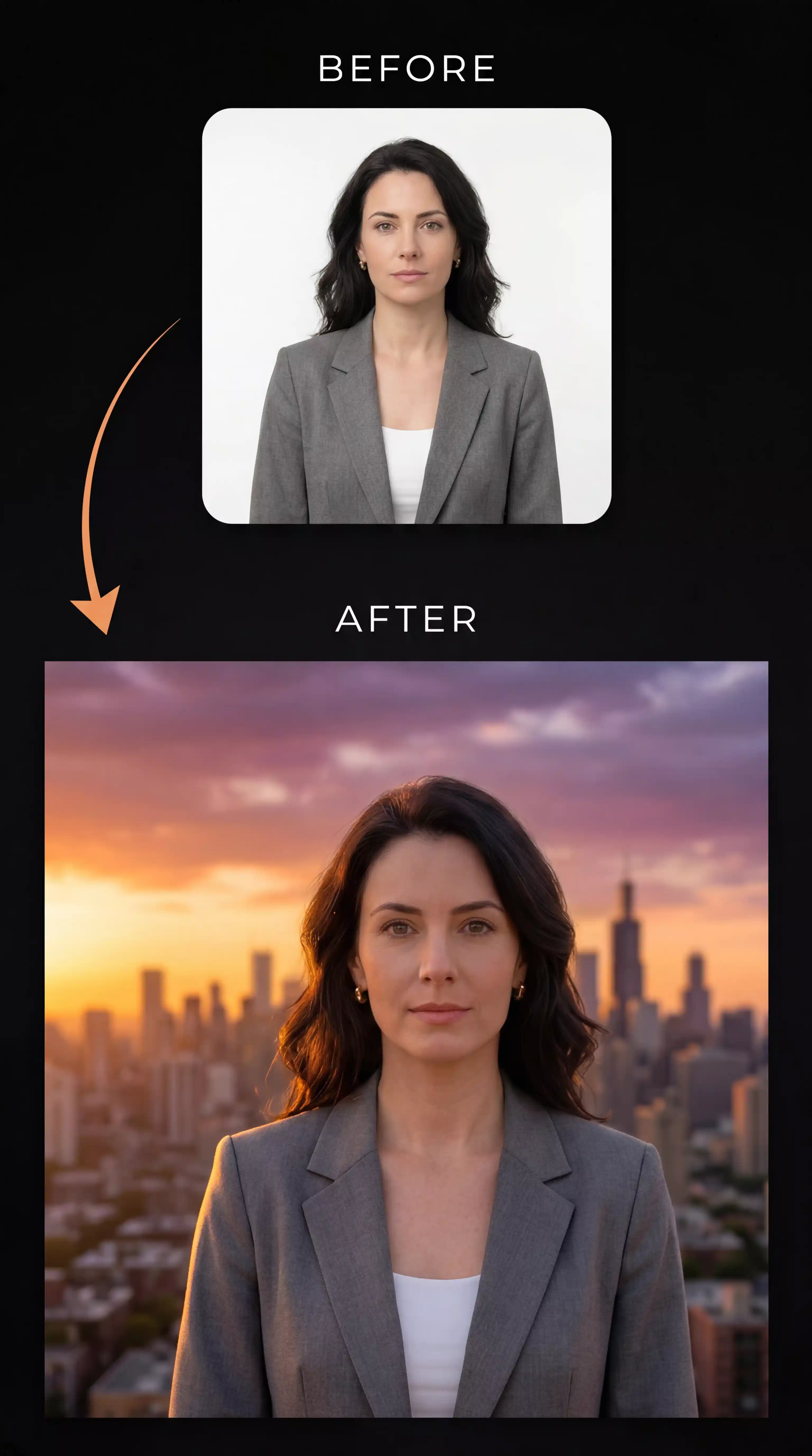 Portrait with background swapped to urban golden hour sunset skyline, Nano Banana 2 background editing