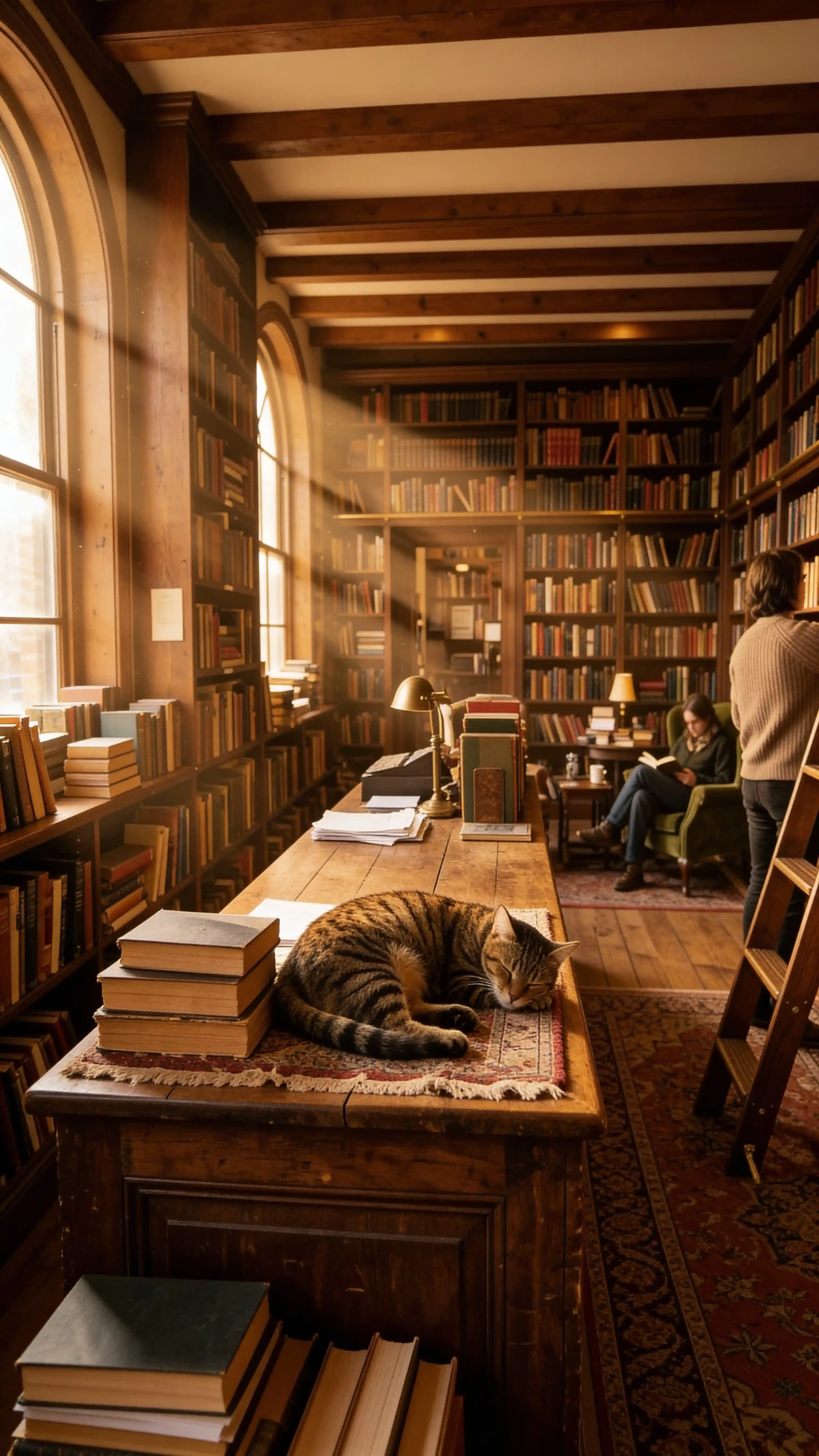 Warm independent bookshop interior with tabby cat napping and rolling ladder, Nano Banana 2 scene example