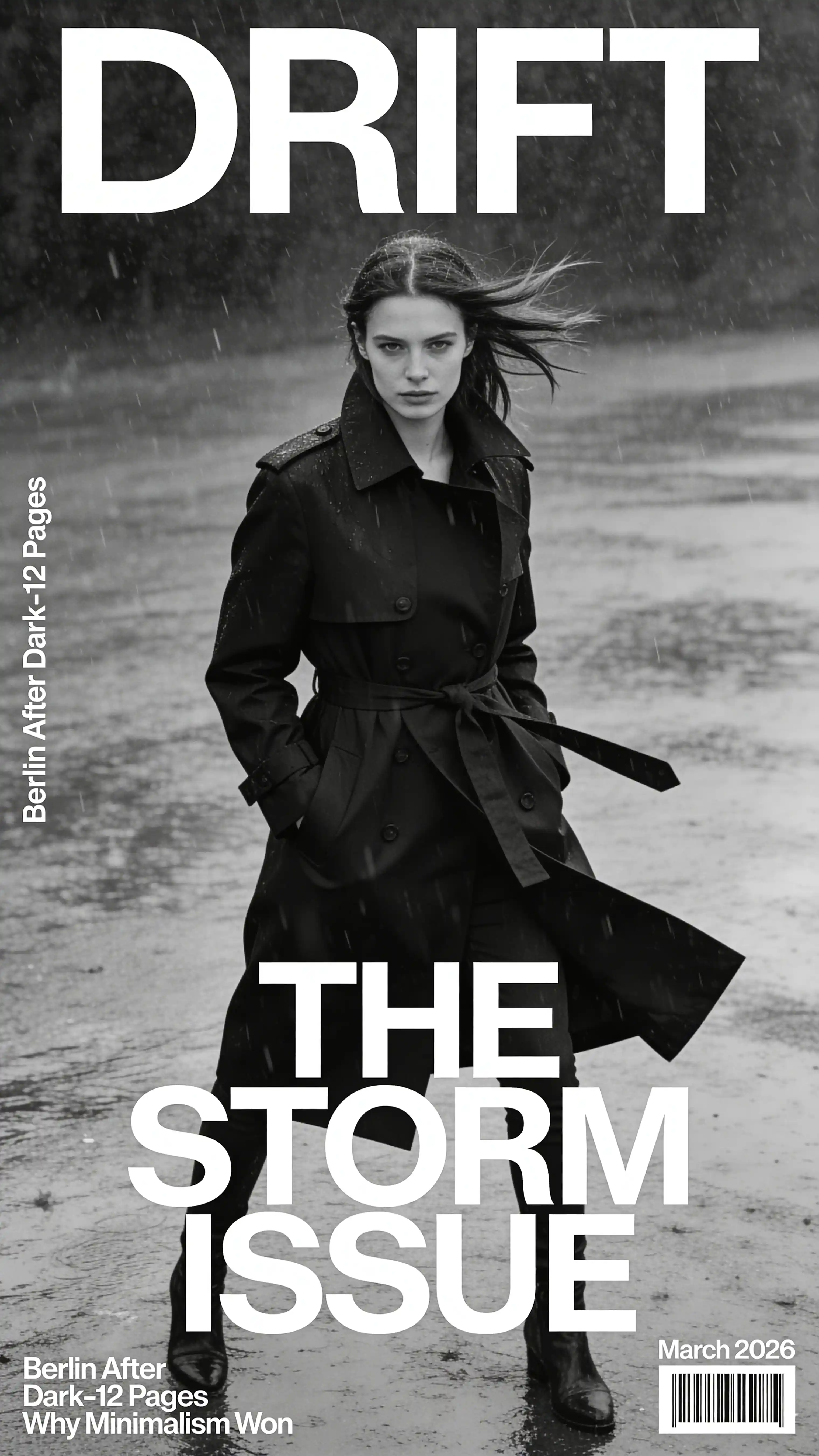 High-fashion DRIFT magazine cover with model in black trenchcoat in rain, Nano Banana 2 typography example
