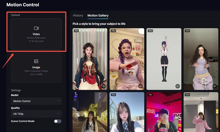 Upload a video to the Motion Control tool