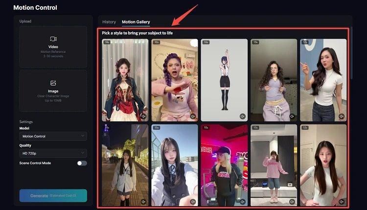 Choose a template from the Motion Gallery