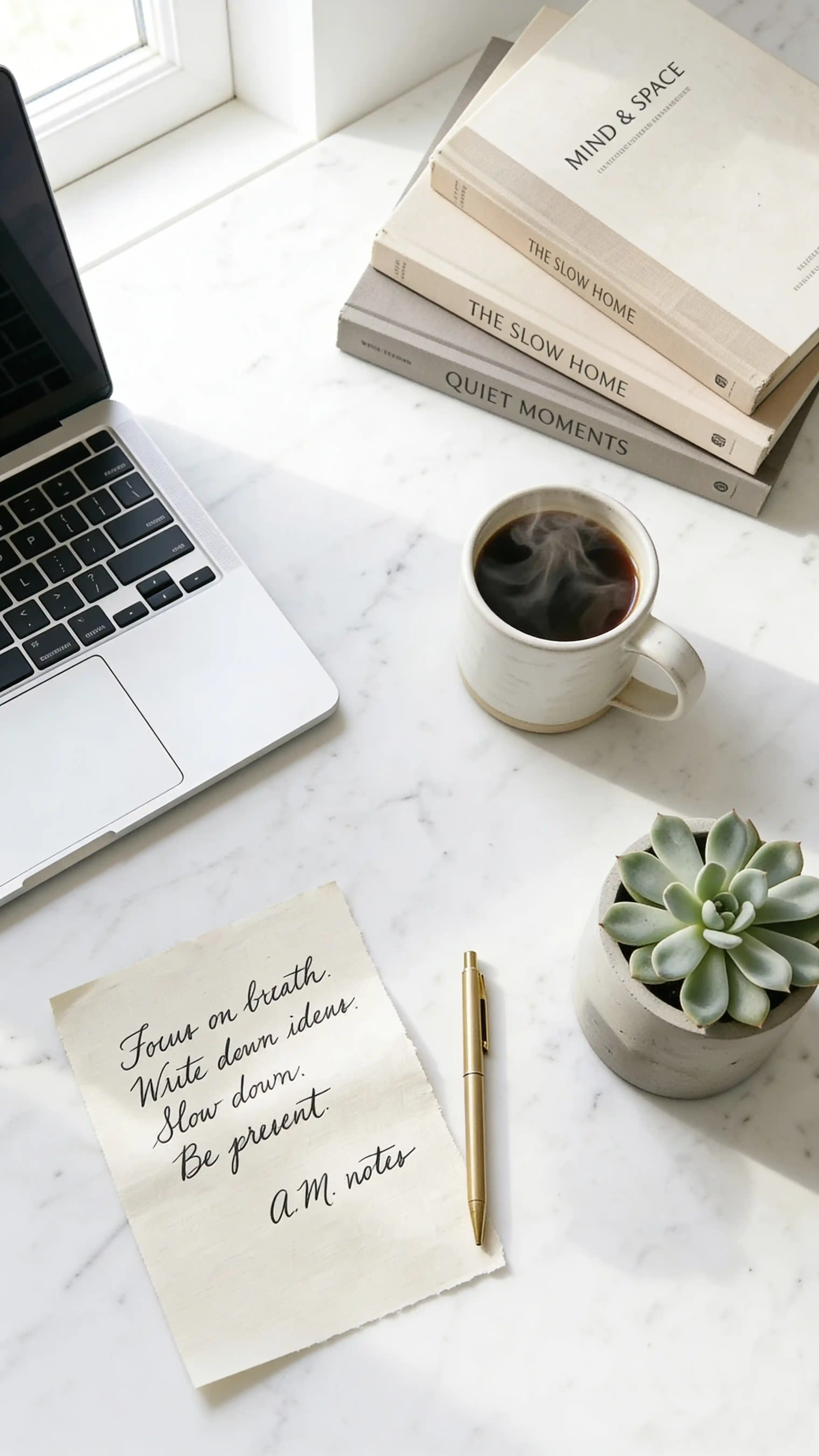 Minimal productivity flat lay on white marble with MacBook and books, Nano Banana 2 Instagram prompt