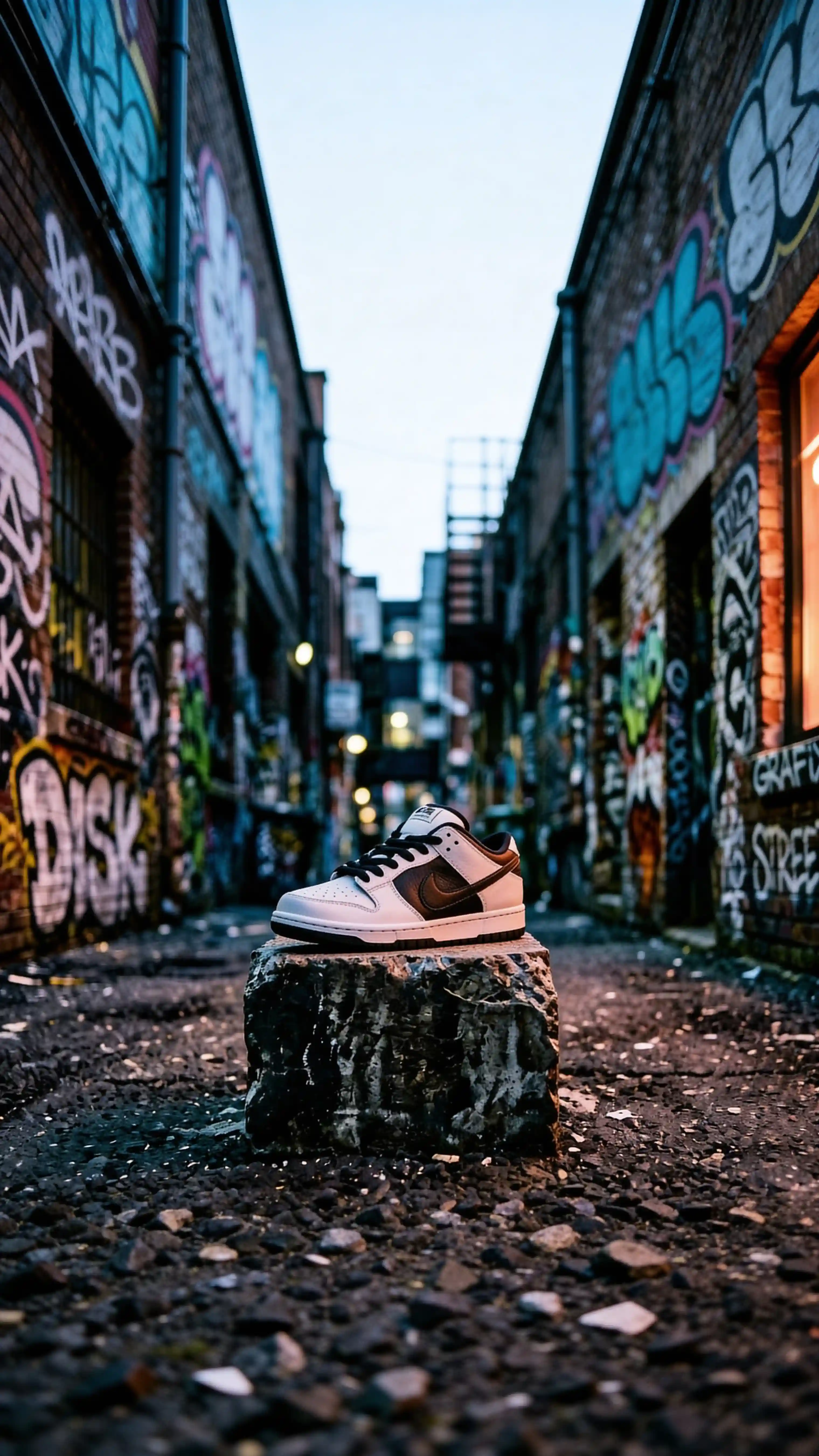 White and black sneaker on concrete pedestal in graffiti alley at dusk, Nano Banana 2 product photography