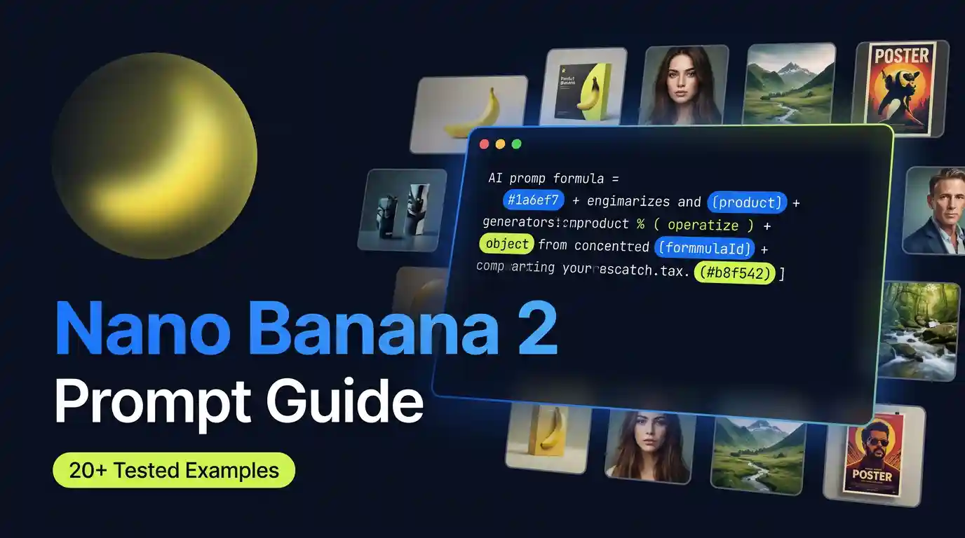 Nano Banana 2 prompt guide cover showing AI-generated image examples and the 7-part prompt formula interface