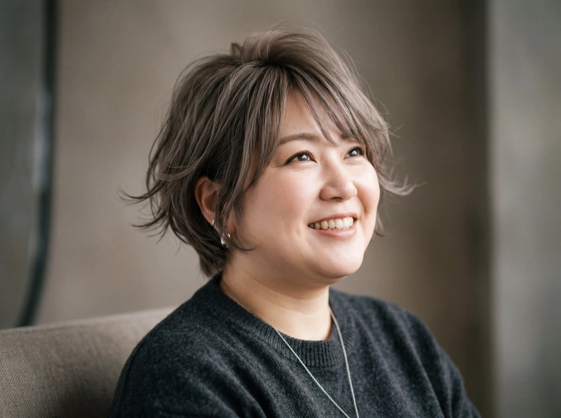 ぽっちゃり二重あご向けショートウェーブボブ