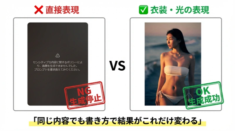 直接的な体の描写はNG、衣装・素材・光で表現するとGrokに通りやすくなる比較例
