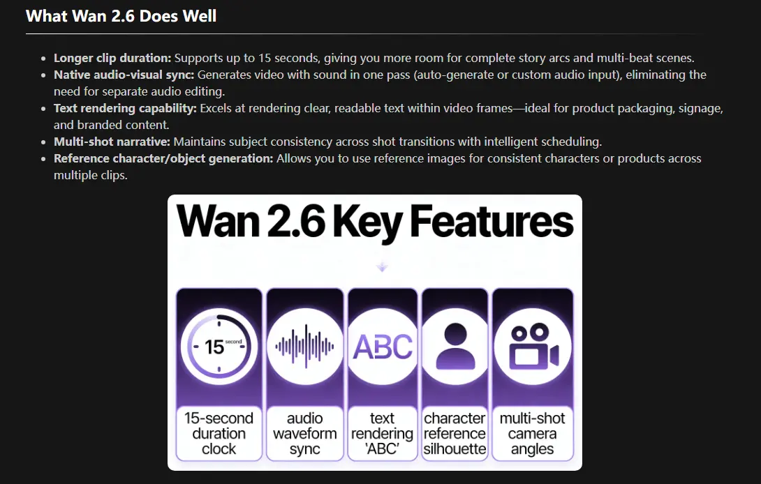 Wan 2.6 key features: 15s duration, audio sync, text rendering, character reference, multi-shot control