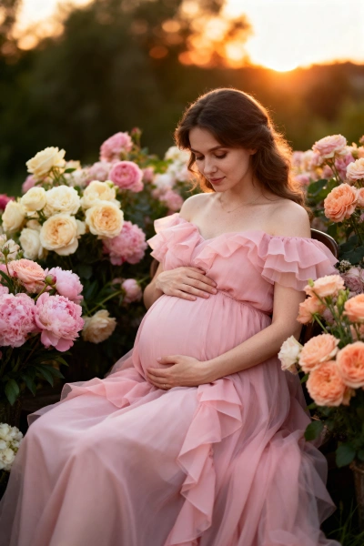 Retrato de embarazo romántico en flores