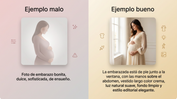Comparativa de prompt malo y prompt bueno para crear fotos de embarazo con IA.
