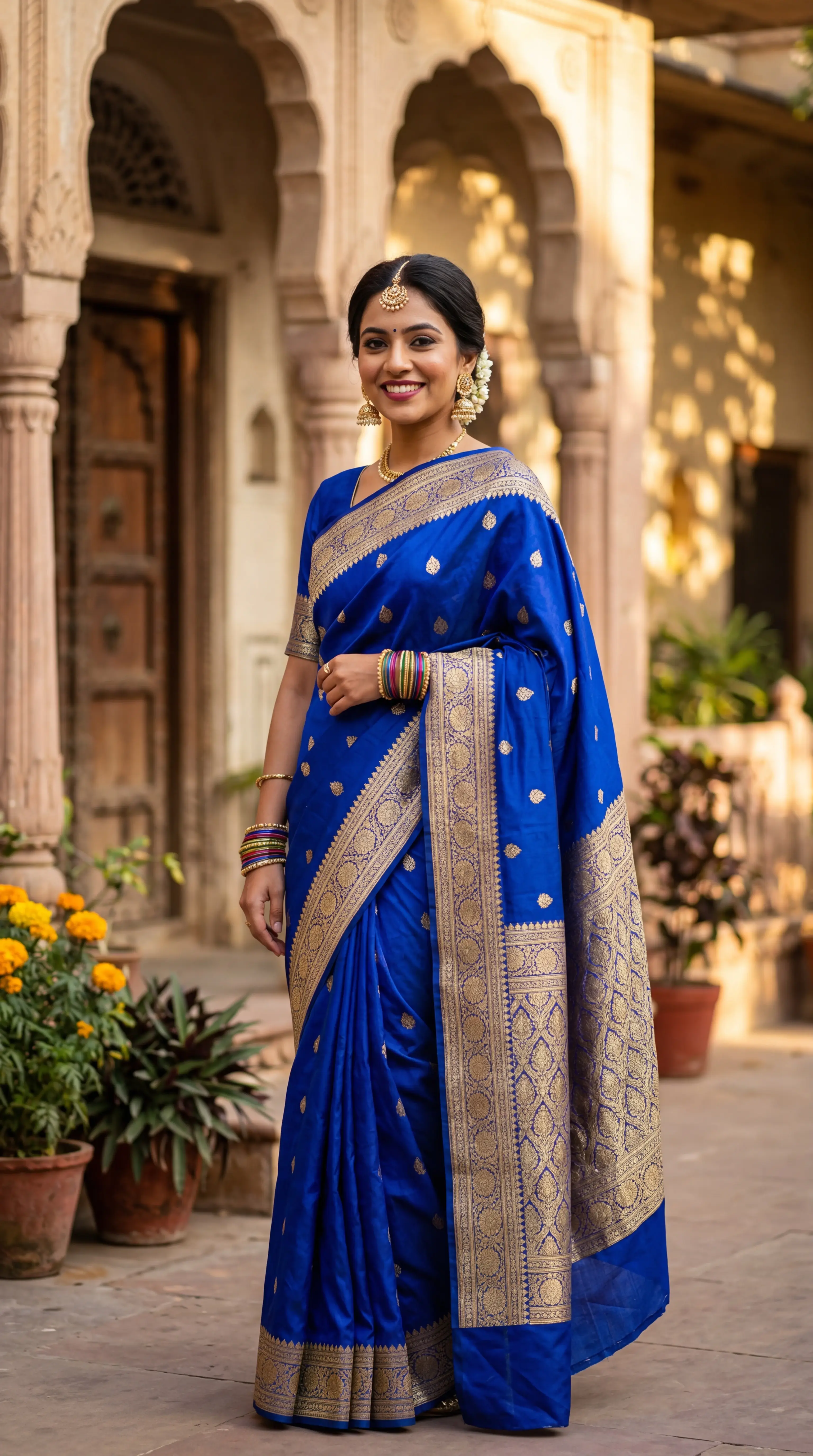 Cobalt blue silk saree portrait generated with Gemini AI prompts showing traditional Indian gold jewelry and heritage courtyard setting