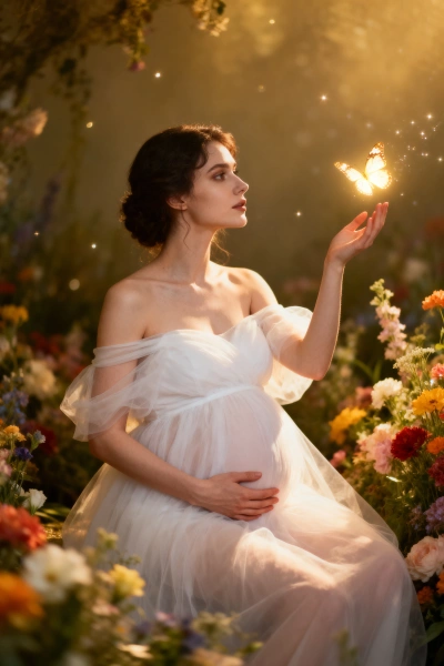 Foto de embarazo de fantasía en jardín