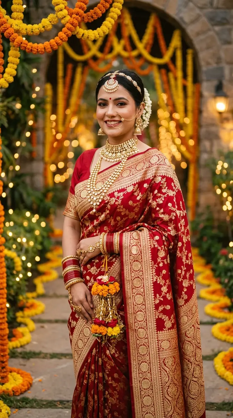 Traditional Indian bridal red Banarasi saree portrait generated with Gemini AI prompts showing full gold jewelry set and festive marigold backdrop