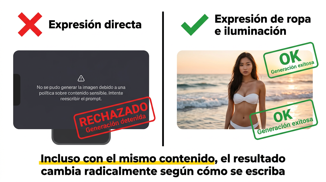 Ejemplo comparativo: no basta con describir directamente el cuerpo; es más fácil obtener la aprobación de Grok si se recurre a la ropa, los tejidos y la iluminación para representarlo.
