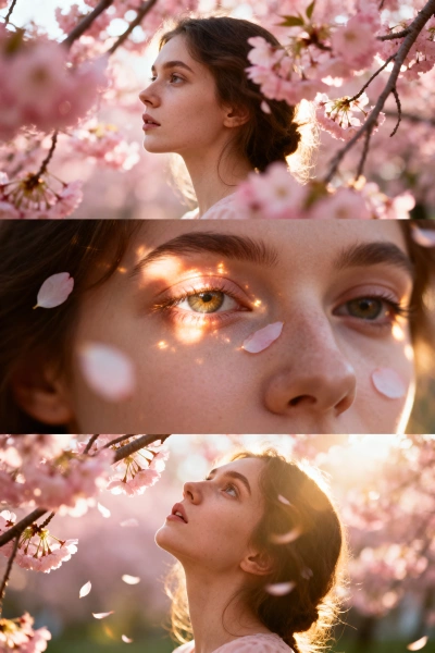 Collage de mujer entre cerezos