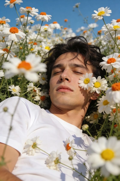 Retrato de hombre entre flores silvestres