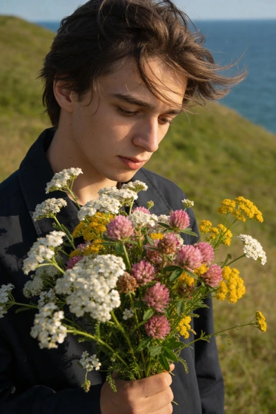 Retrato de hombre con ramo junto al mar