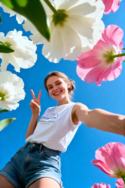 Selfie de mujer entre flores gigantes