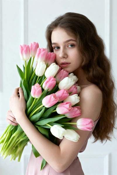 Foto de niña con tulipanes