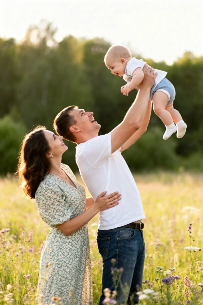 Foto familiar en campo con flores