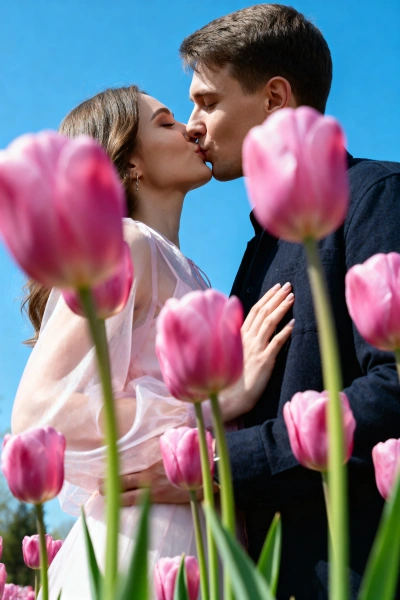 Foto de pareja besándose entre tulipanes