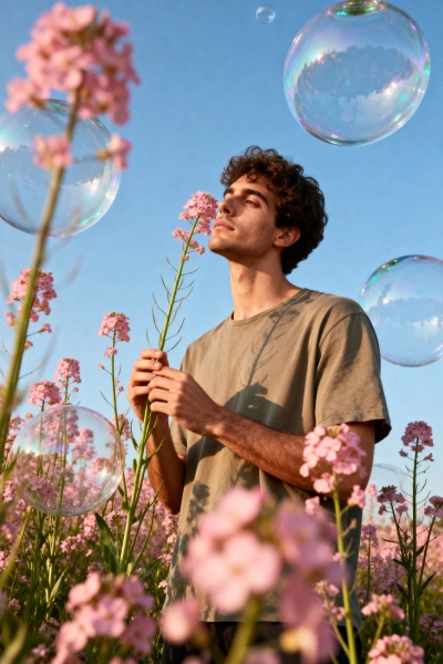 Retrato de hombre entre flores rosadas