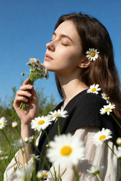Retrato de mujer con margaritas