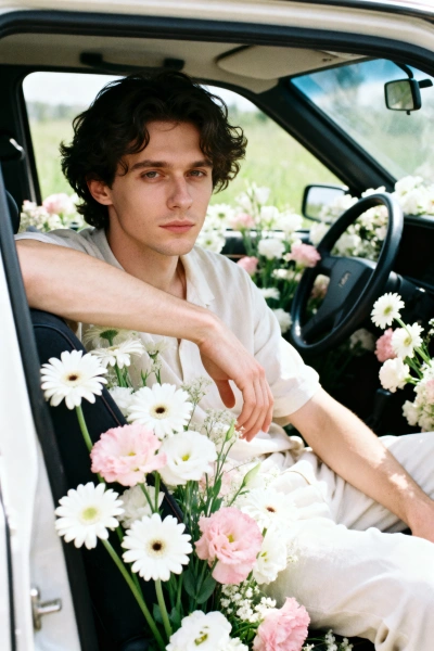 Retrato de hombre en coche floral