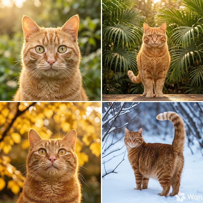 AI photo series of the same orange cat across four seasons