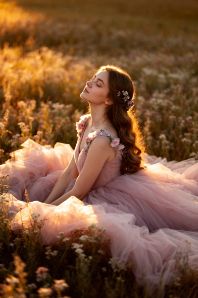 Retrato de mujer en jardín pastel