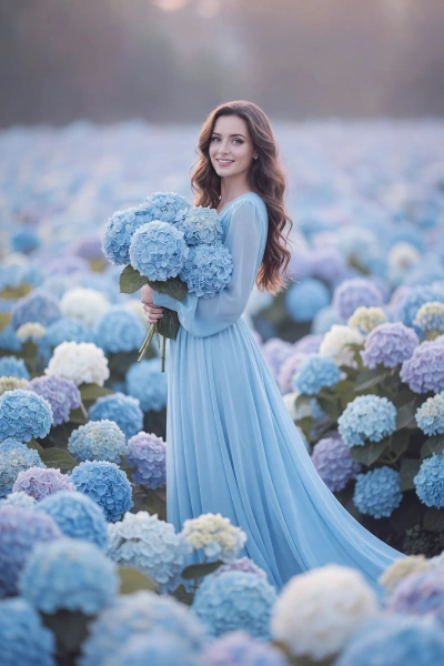 Retrato de mujer con hortensias