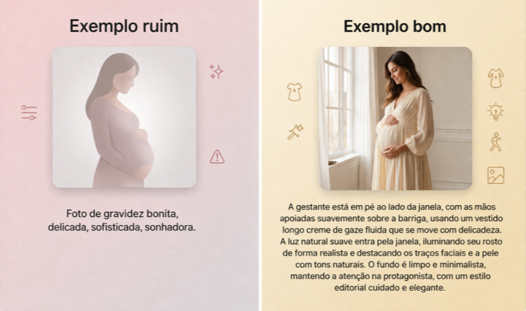 Comparação entre um prompt ruim e um prompt bom para criar fotos de gravidez com IA