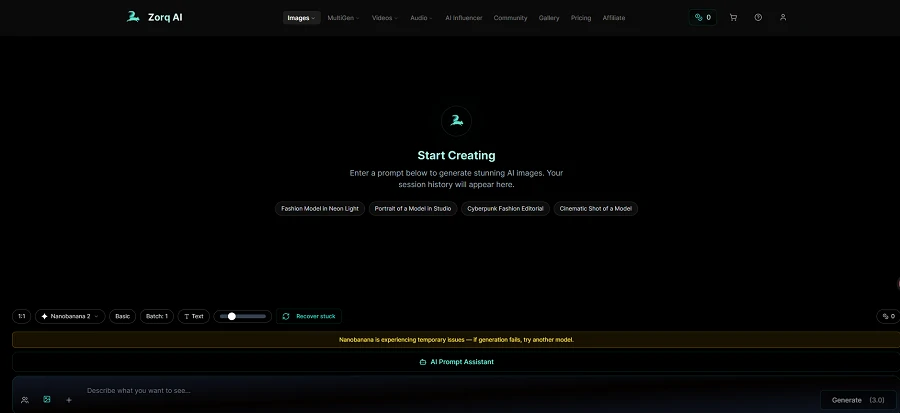 Zorq AI image creation interface