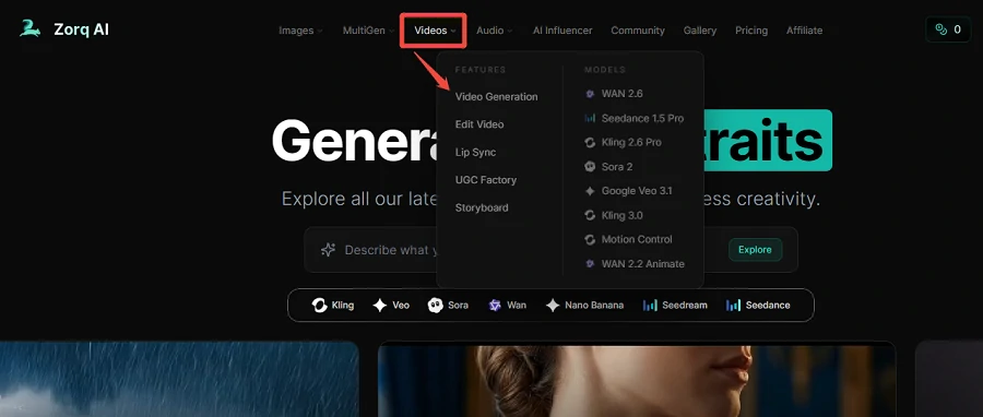 Select the video generation option from the Zorq AI homepage