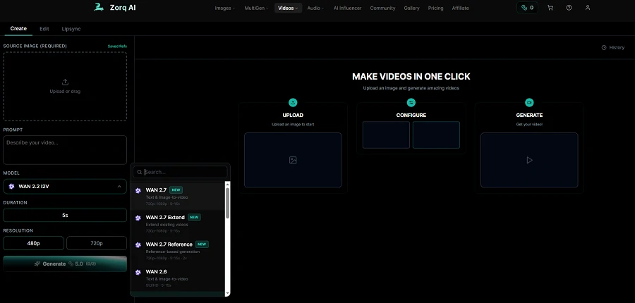 Zorq AI video generation interface