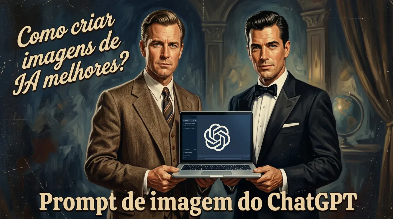 Exemplos de prompts de imagem do ChatGPT mostrando dois homens com ternos vintage apresentando um laptop com o logotipo do ChatGPT