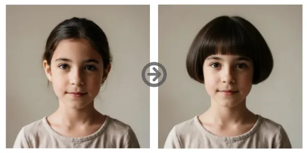 Rounded Mushroom Cut with Straight Fringe and Uniform Volume