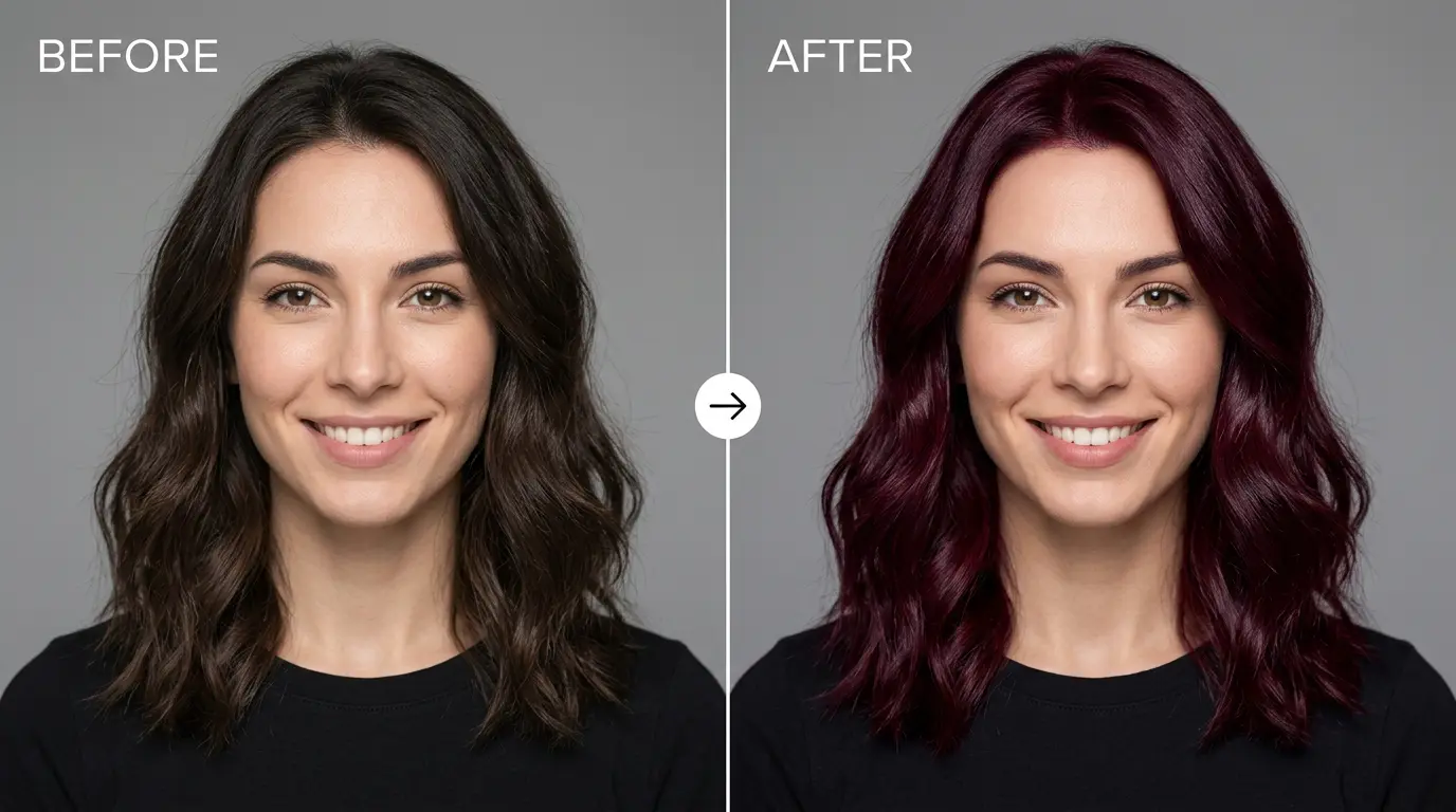 Cherry Cola Red AI Hair Color Before and After - Deep Burgundy Red with Cool Wine Undertones