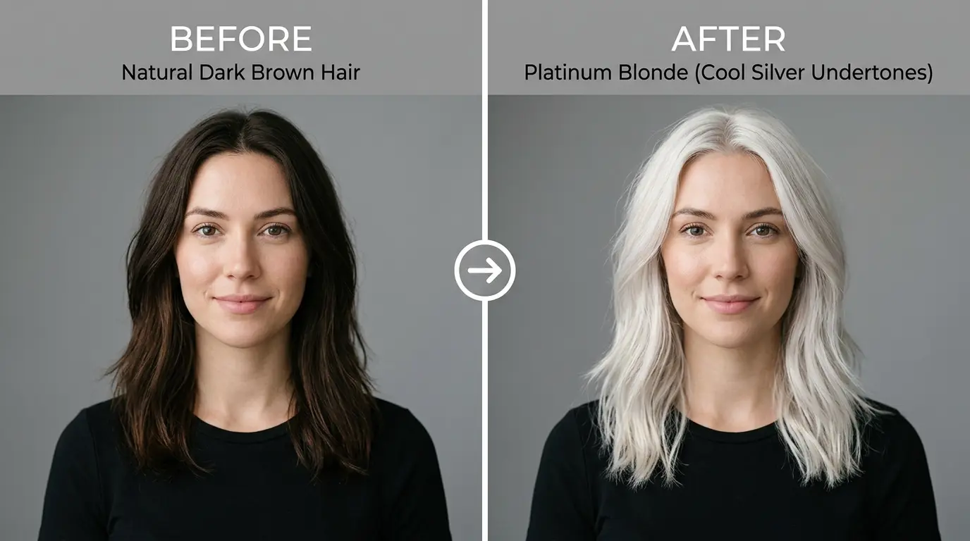 Platinum Blonde AI Hair Color Before and After - Near-White Cool Silver Blonde High Contrast Look