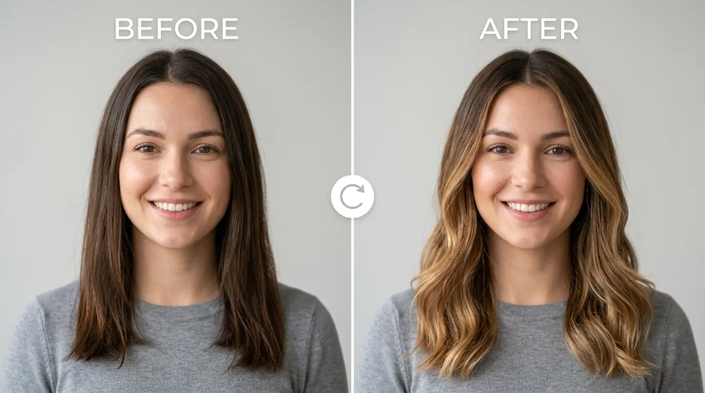 Honey Balayage AI Hair Color Before and After - Warm Caramel and Golden Tones on Dark Brown Hair