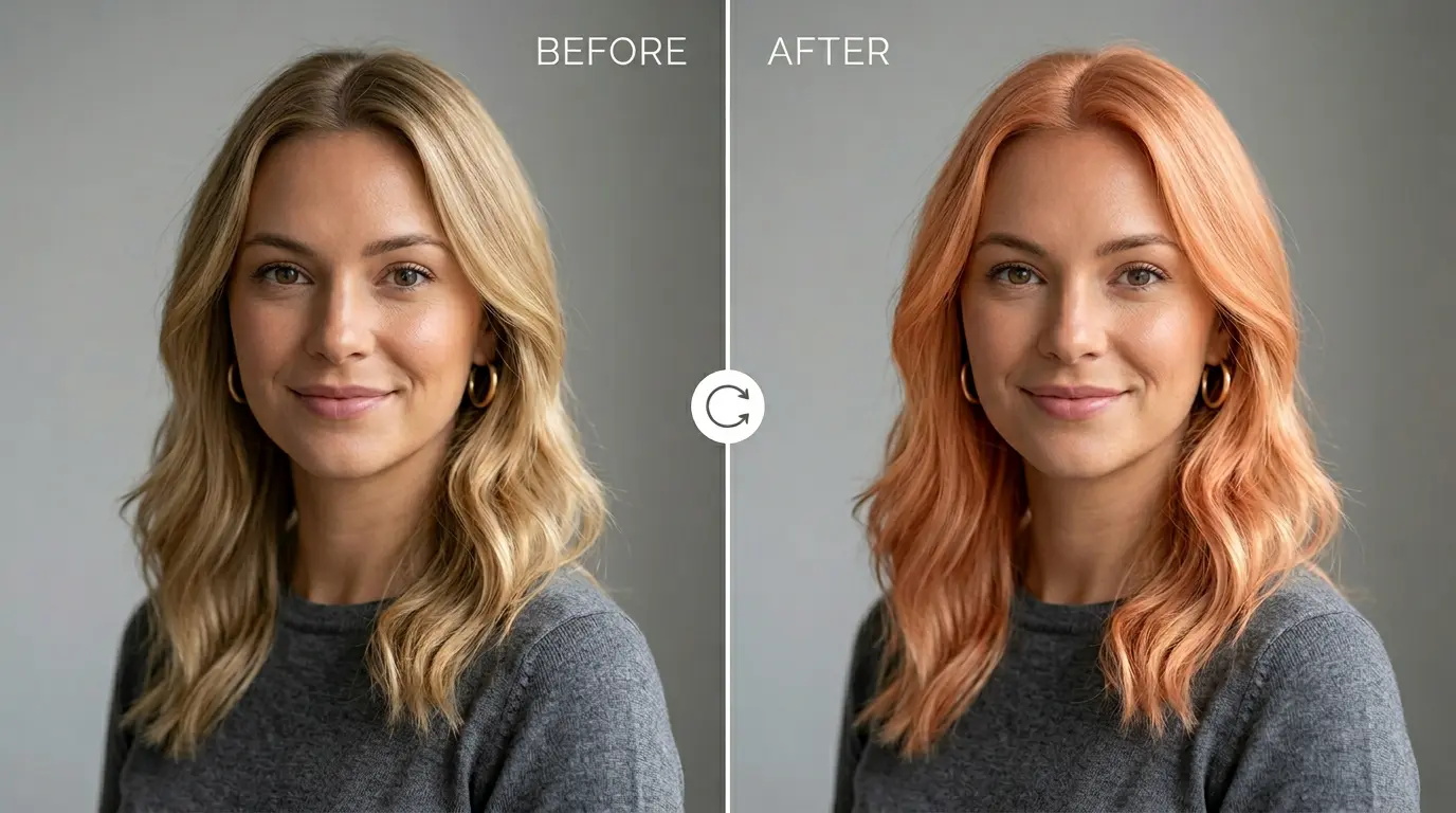 Strawberry Blonde AI Hair Color Before and After - Warm Golden Blonde with Peachy Coral Undertones