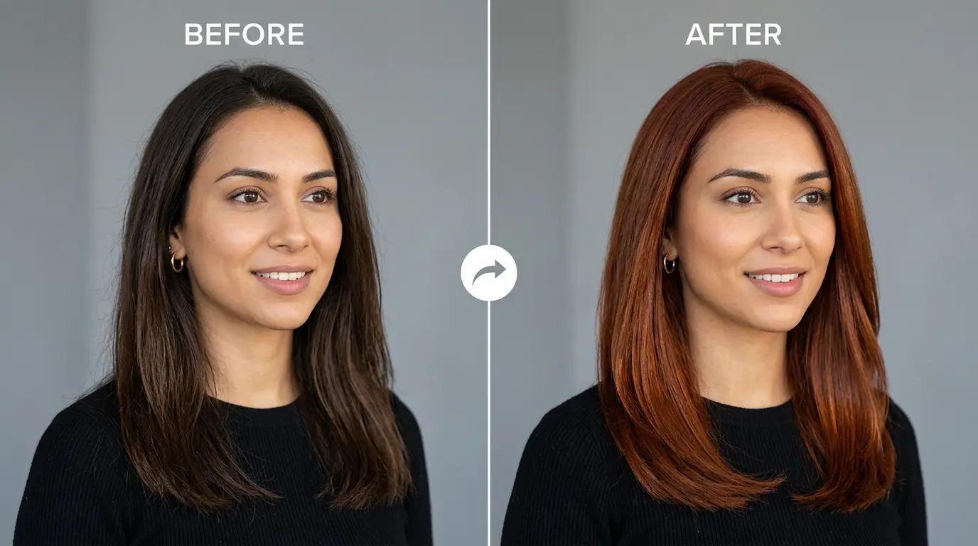 Rich Auburn AI Hair Color Before and After - Deep Red-Brown with Warm Copper Undertones