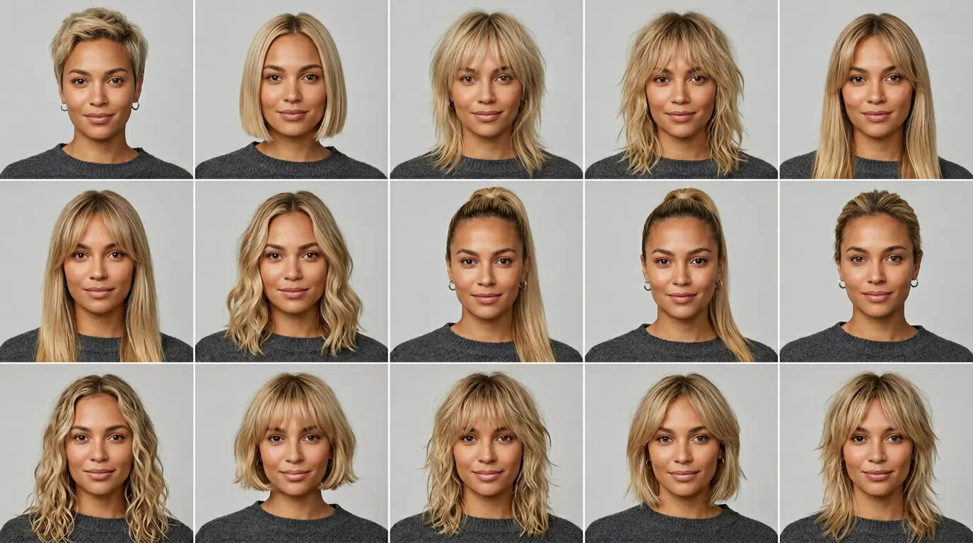 9 AI Hairstyle Variations Side by Side - Pixie Cut Bob Wolf Cut Beach Waves French Bob and More on the Same Person