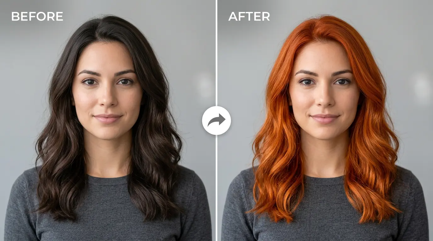 Warm Copper Red AI Hair Color Before and After - Vivid Orange Red with Golden Amber Undertones