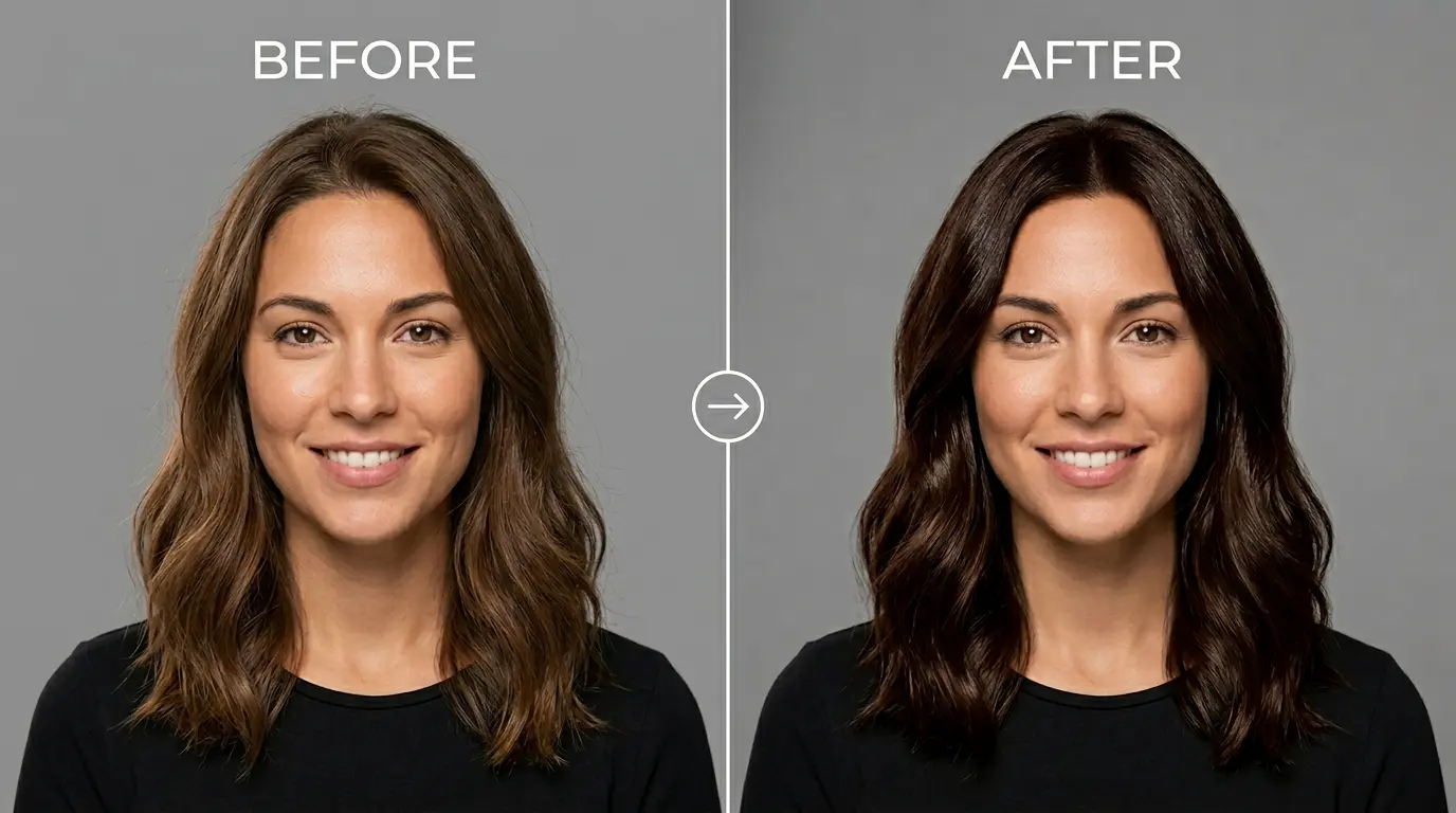 Espresso Brown AI Hair Color Before and After - Very Dark Glossy Brown Applied Evenly Root to Tip