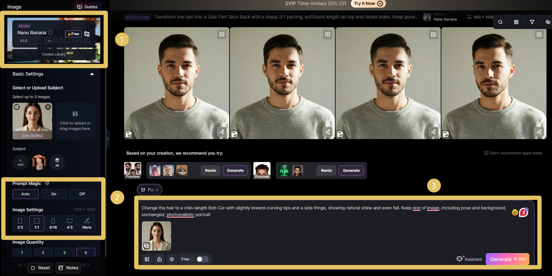 Step 3: Uploading Reference Photo and Entering AI Haircut Prompt in SeaArt AI Interface
