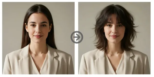 Feminine Wolf Cut with Voluminous Top Layers and Airy Fringe