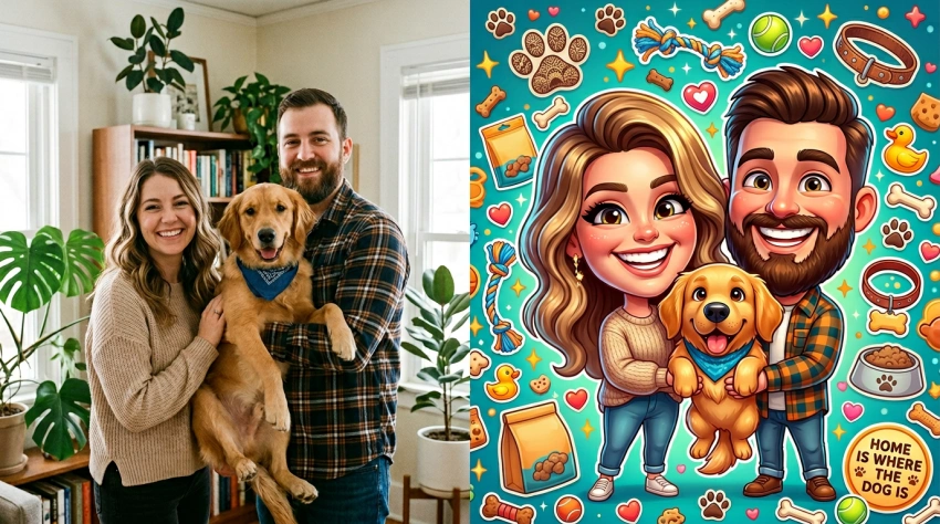 Caricature de couple avec animal
