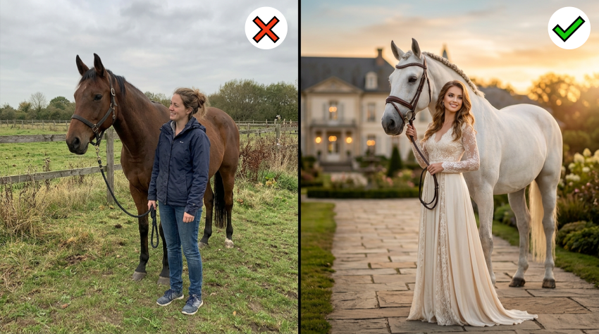 Comparación de foto con caballo entre prompt malo y prompt correcto