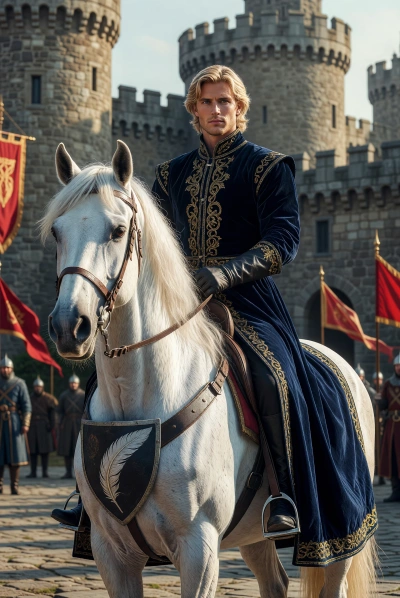 Príncipe medieval con caballo blanco